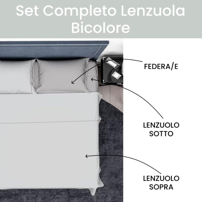 Completo lenzuola singolo in cotone bicolore morbido e traspirante, set letto con lenzuolo sopra, sotto con angoli e federa, design con piping a contrasto elegante, resistente e leggero 116 gsm, certificato OEKO-TEX