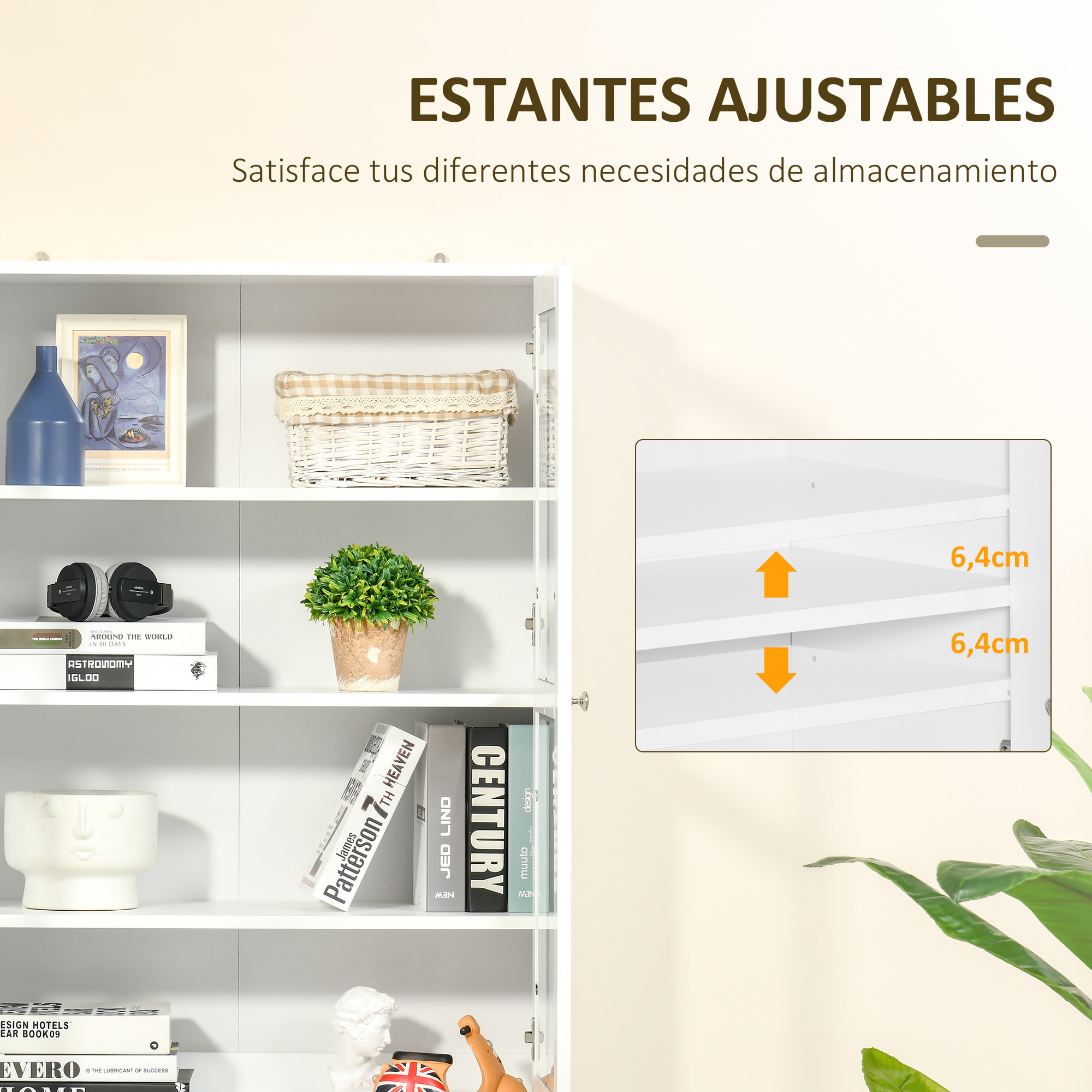 Vitrina Armario de Libros con 4 Puertas y Estantes Ajustables Estilo Moderno Armario de Cocina para Salón Cocina Oficina Dormitorio 76x40x178,5 cm Blanco