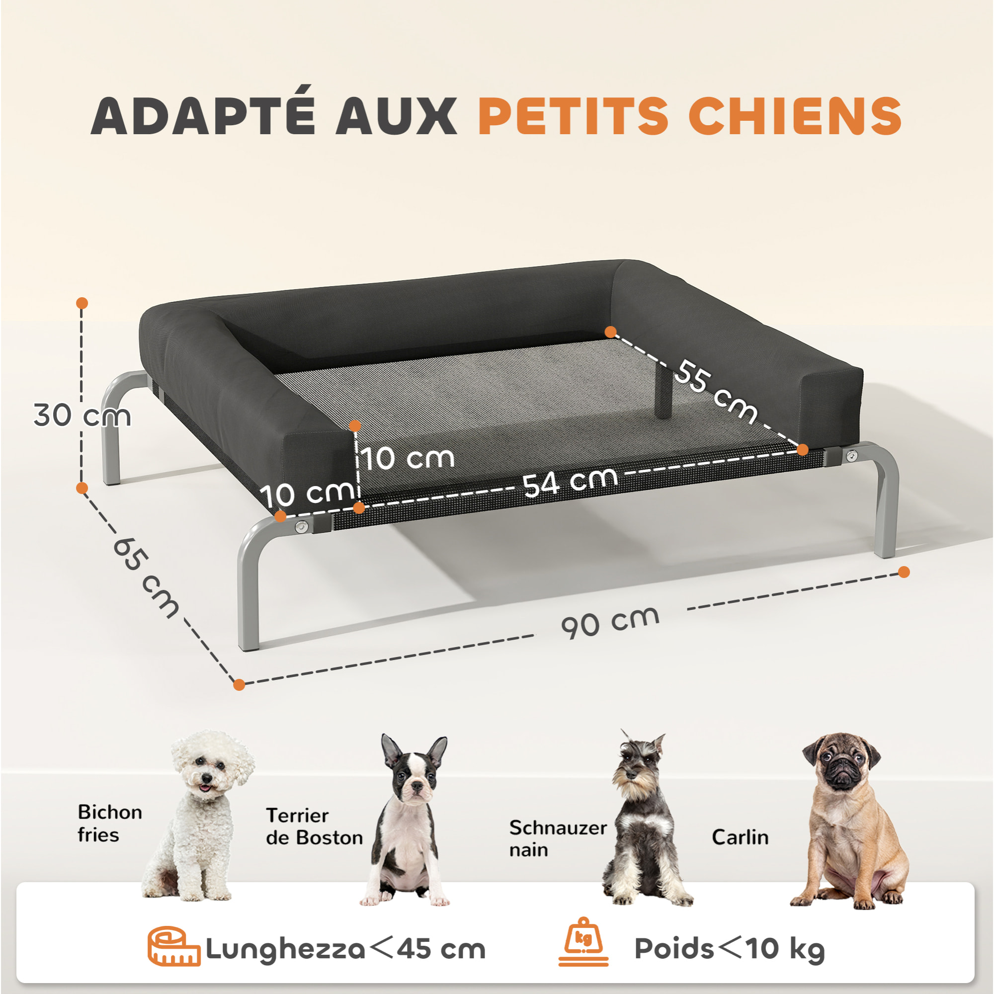 Transat pour animaux - lit pour chien - lit à pieds pour chien avec contour coussin dim. 90 x 65 x 30 cm - noir