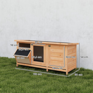 Conejera de Madera, Jaula para Conejos con Techo Asfáltico Abatible, Puertas con Pestillo, Bandejas Extraíbles y Comedero, Conejera para Exterior, 112x50x54 cm, Amarillo