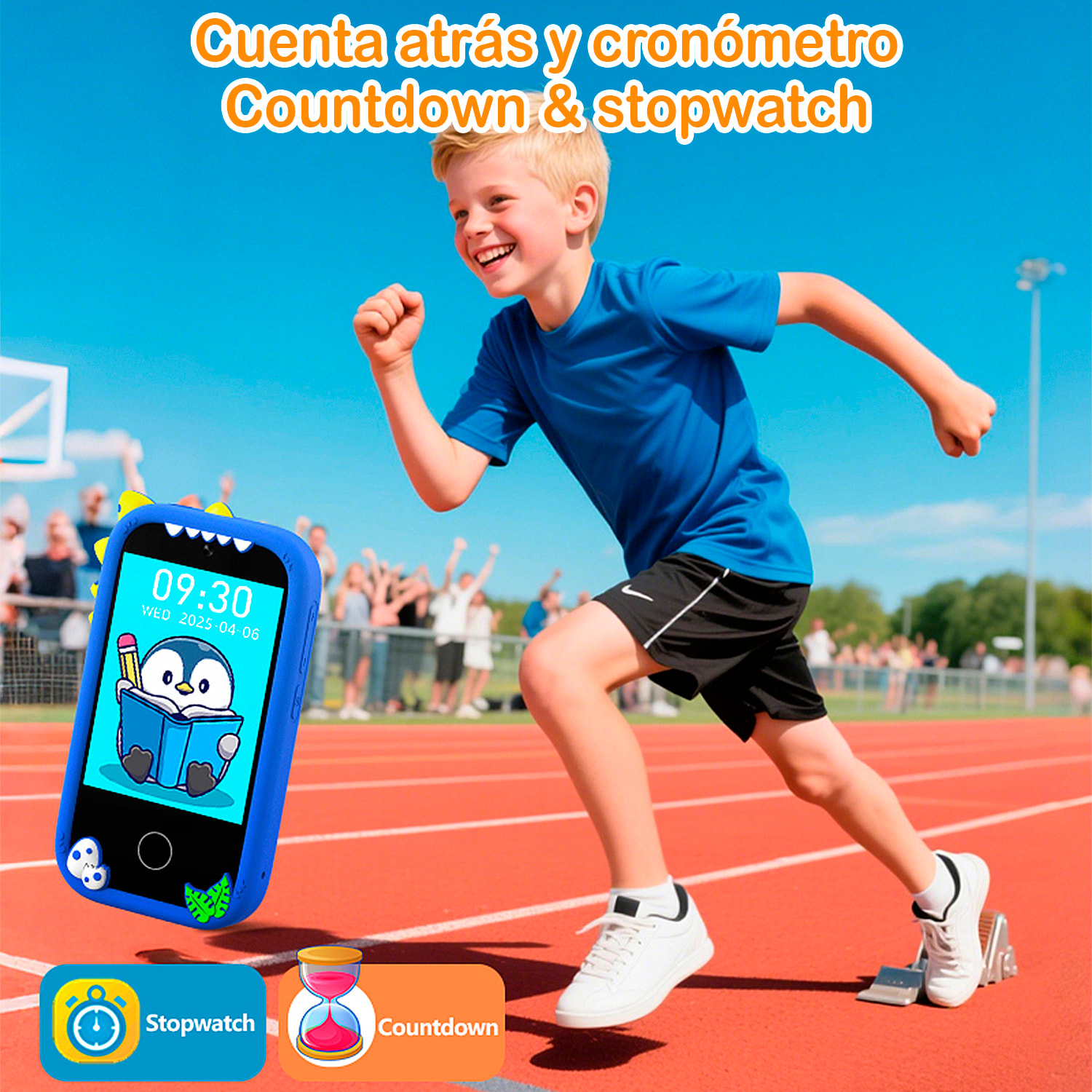 Teléfono infantil con 18 juegos y aprendizaje en inglés, con cámara dual y grabación de video. Pantalla táctil de 2,8". Sin posibilidad de SIM o llamadas. Funda de silicona de dinosaurio.