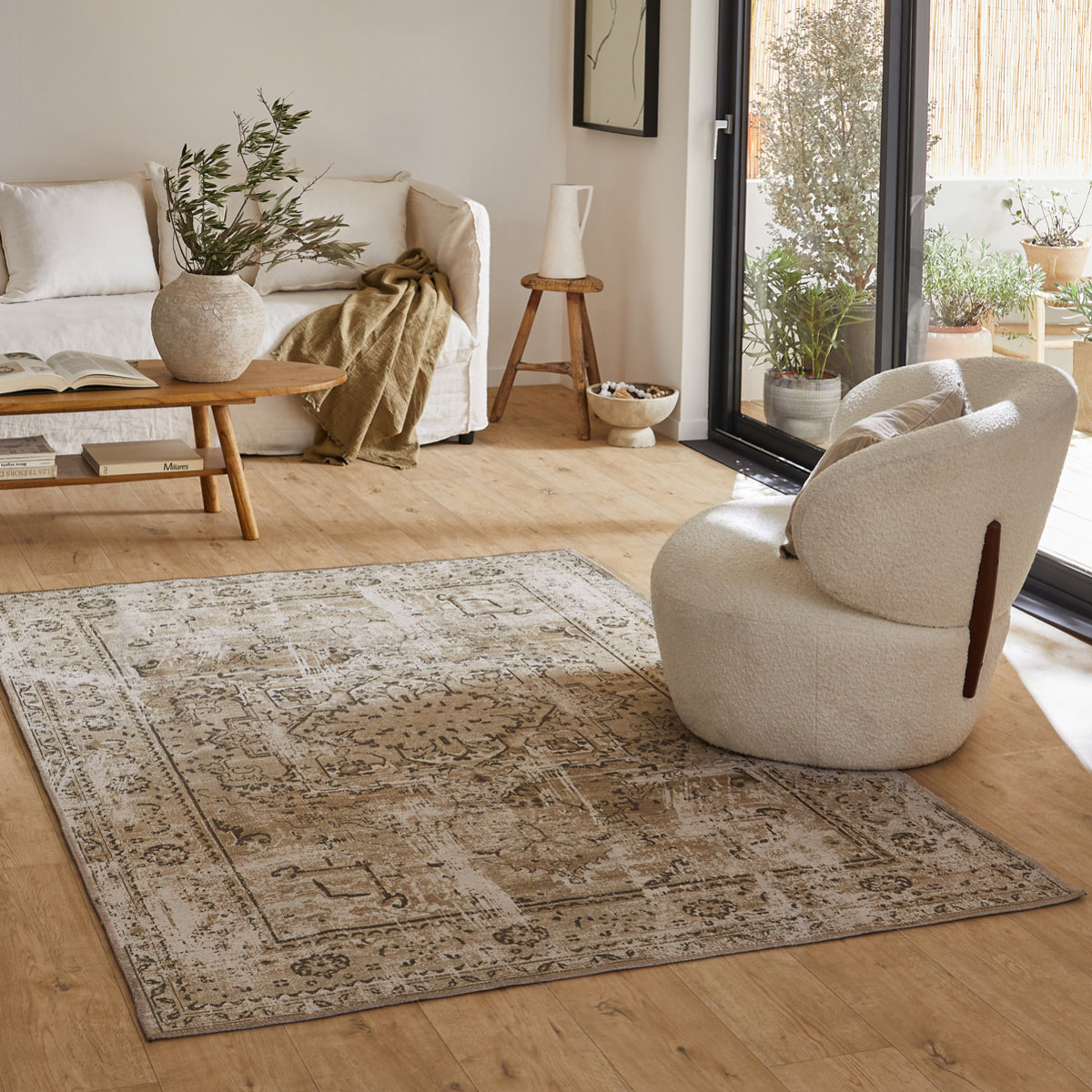 Carry - tapis vintage style oriental lavable en machine à 30°c, kaki