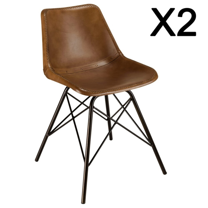 MARCEL - Lot de 2 chaises en cuir marron et pieds acier