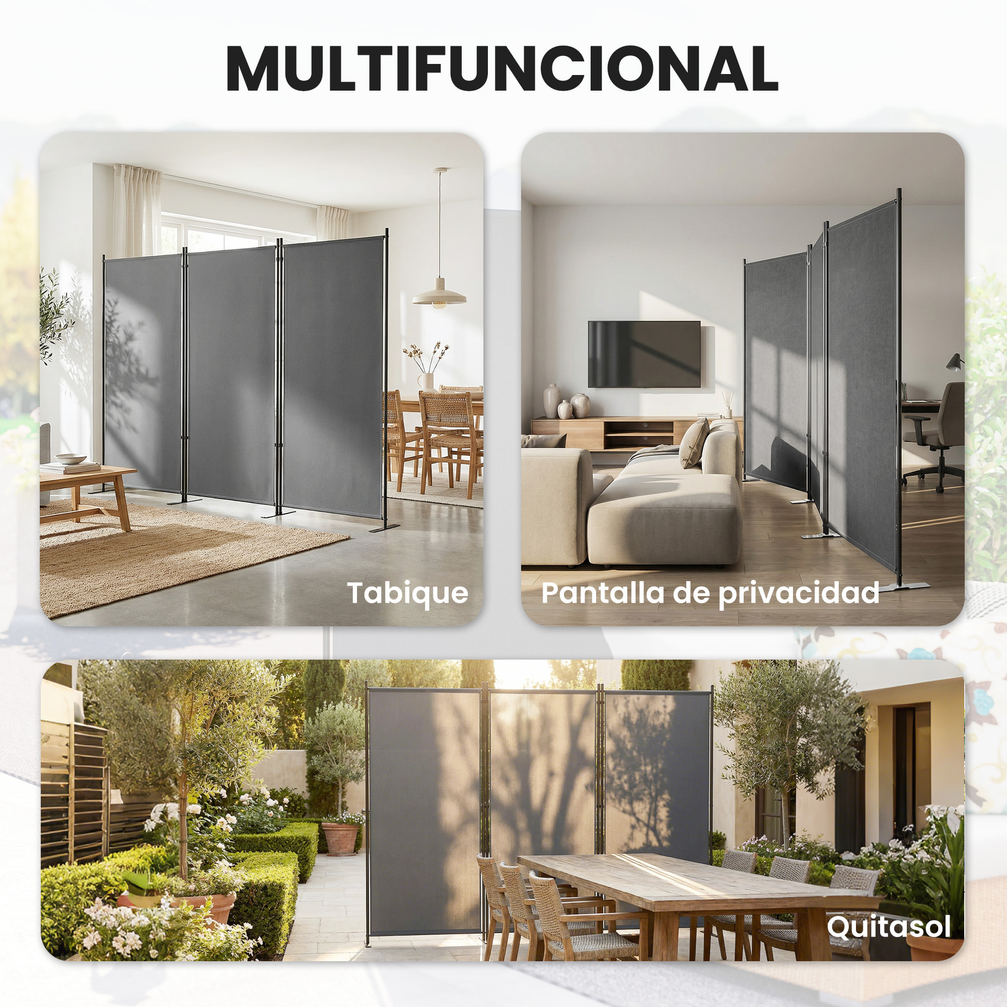 Biombo Plegable de 3 Paneles, 260x180 cm, Biombo Separador de Ambientes con Soporte de Metal, Protección UPF 30+, para Interior, Exterior, Jardín, Patio, Terraza, Gris Oscuro