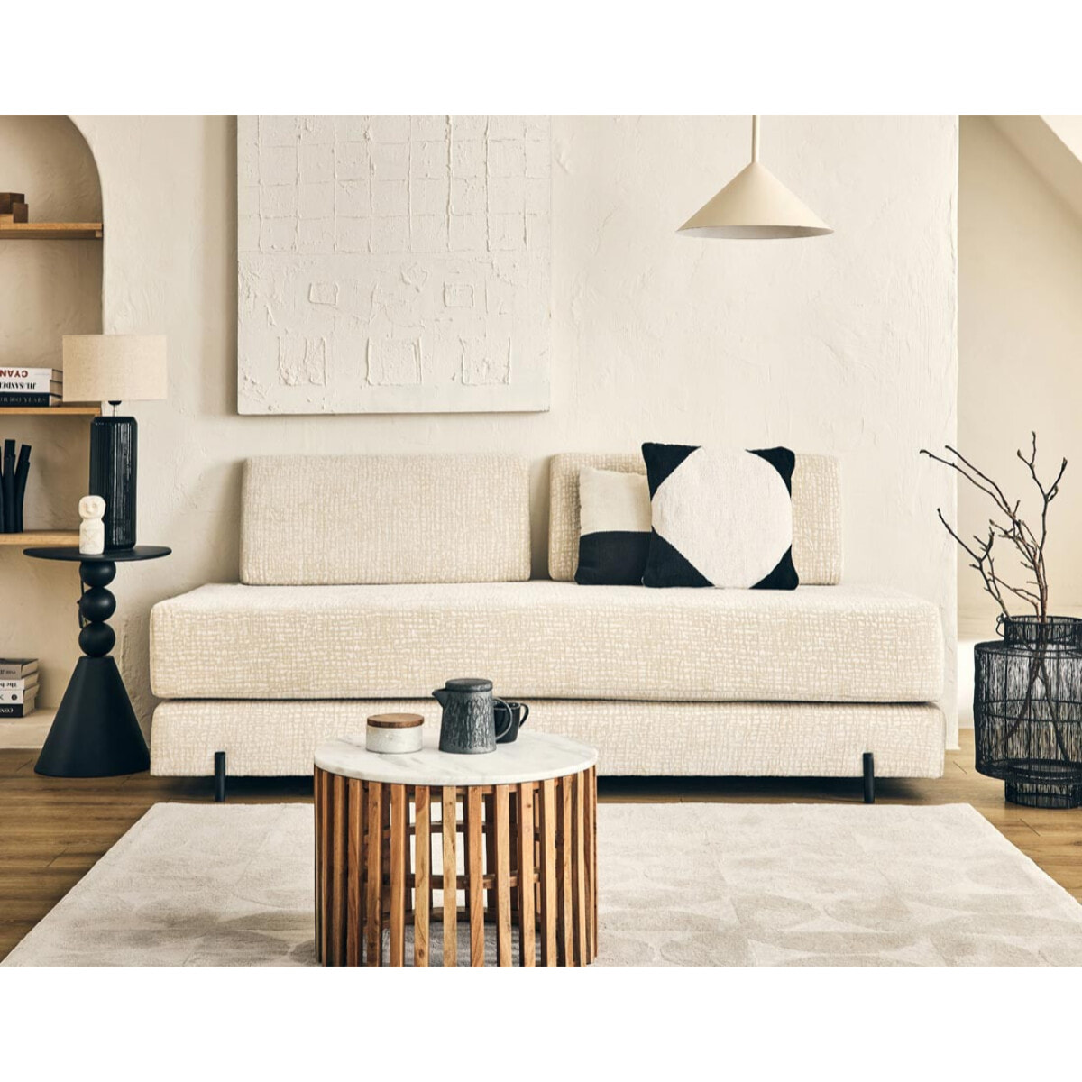 Brescia - banquette 3 places convertible en tissu velours relief - Beige