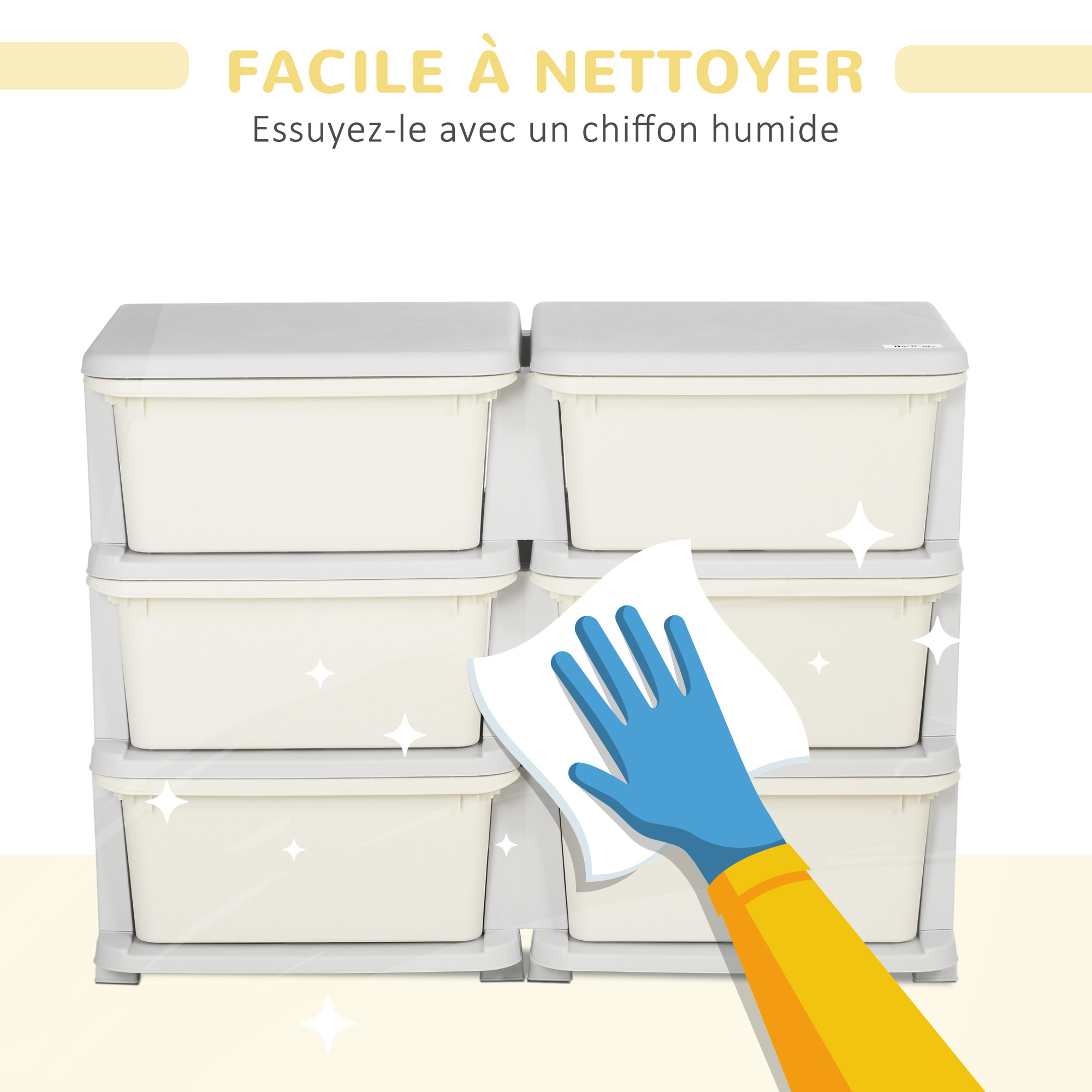Organisateur de jouets enfant 6 tiroirs 3 niveaux gris clair crème
