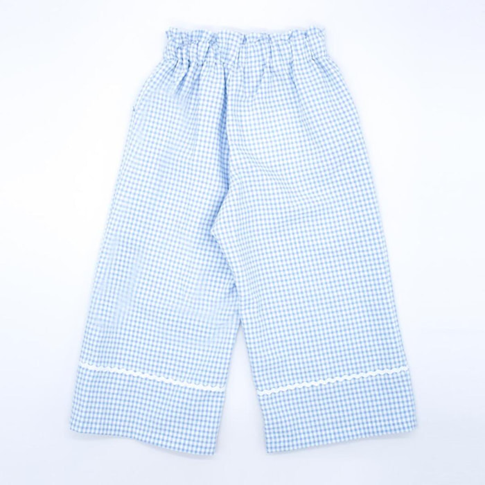 Pantalón largo de cuadros vichy azul. Elastico en la cintura, picunela en el bajo.