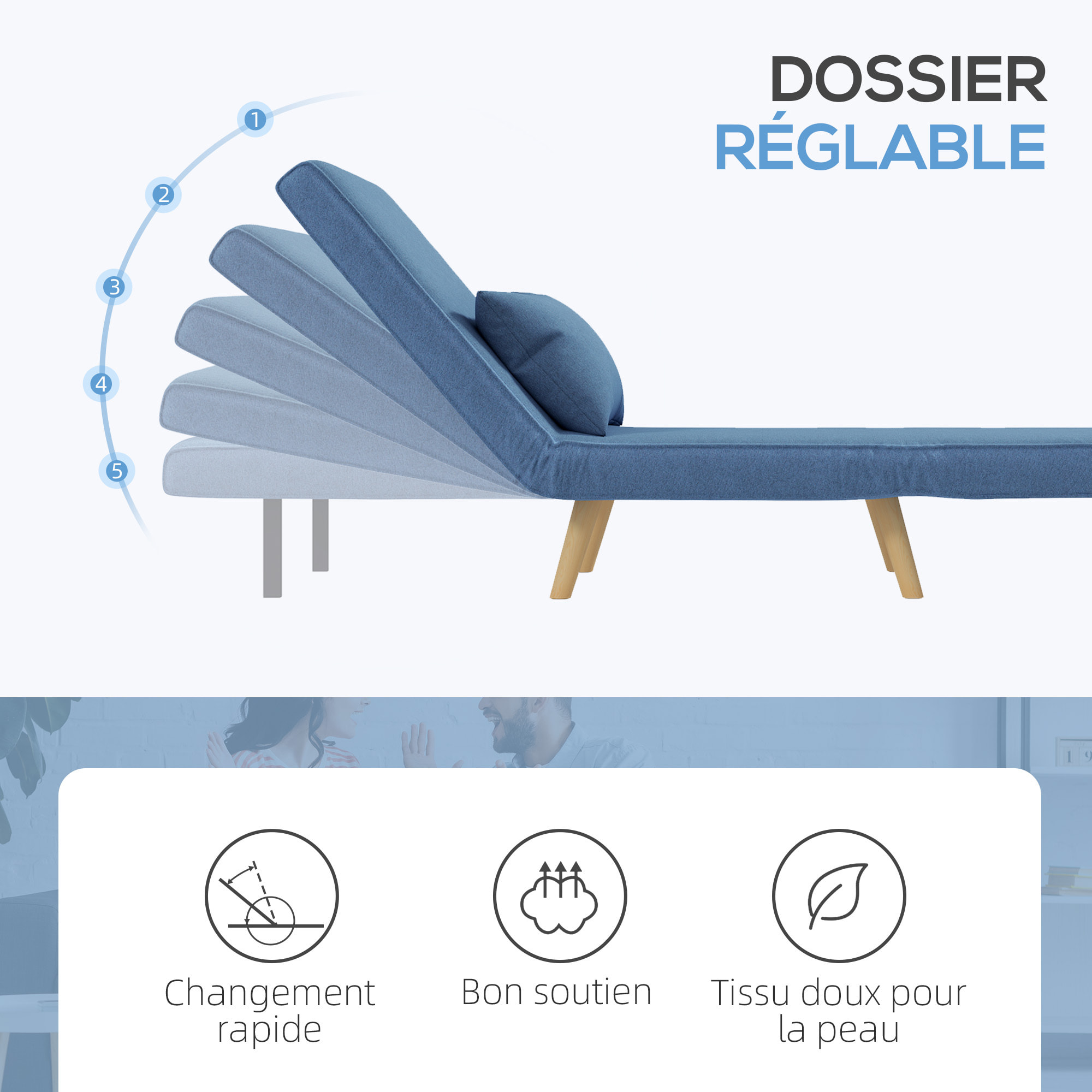 Fauteuil convertible design scandinave - fauteuil relax chauffeuse - dossier inclinable réglable, coussin - bois tissu bleu