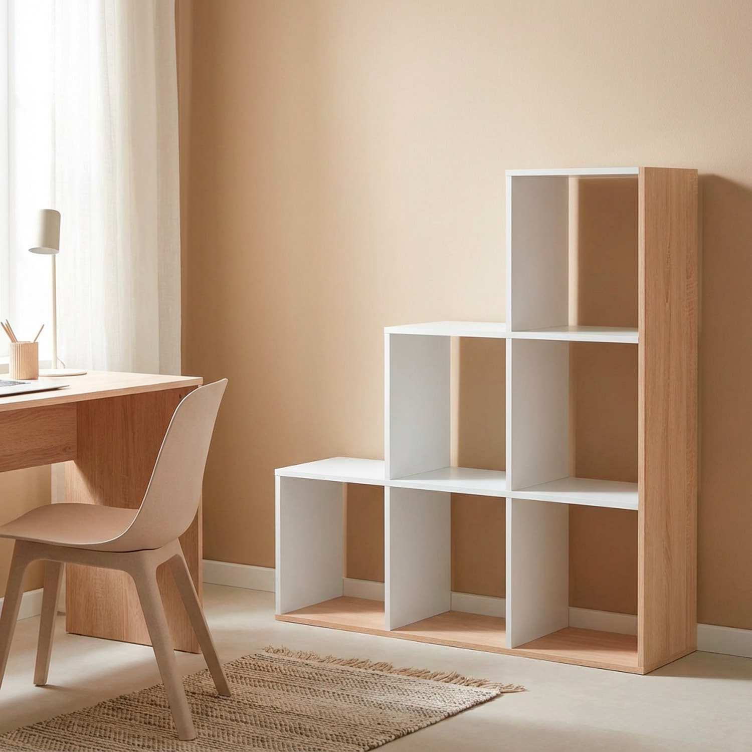 Libreria Con Vani Scaffale Salvaspazio Mobile Da Parete Con 6 Vani E 4 Ripiani Design Moderno Soggiorno Studio 110 x 108 x 29 Cm Bianco e Rovere