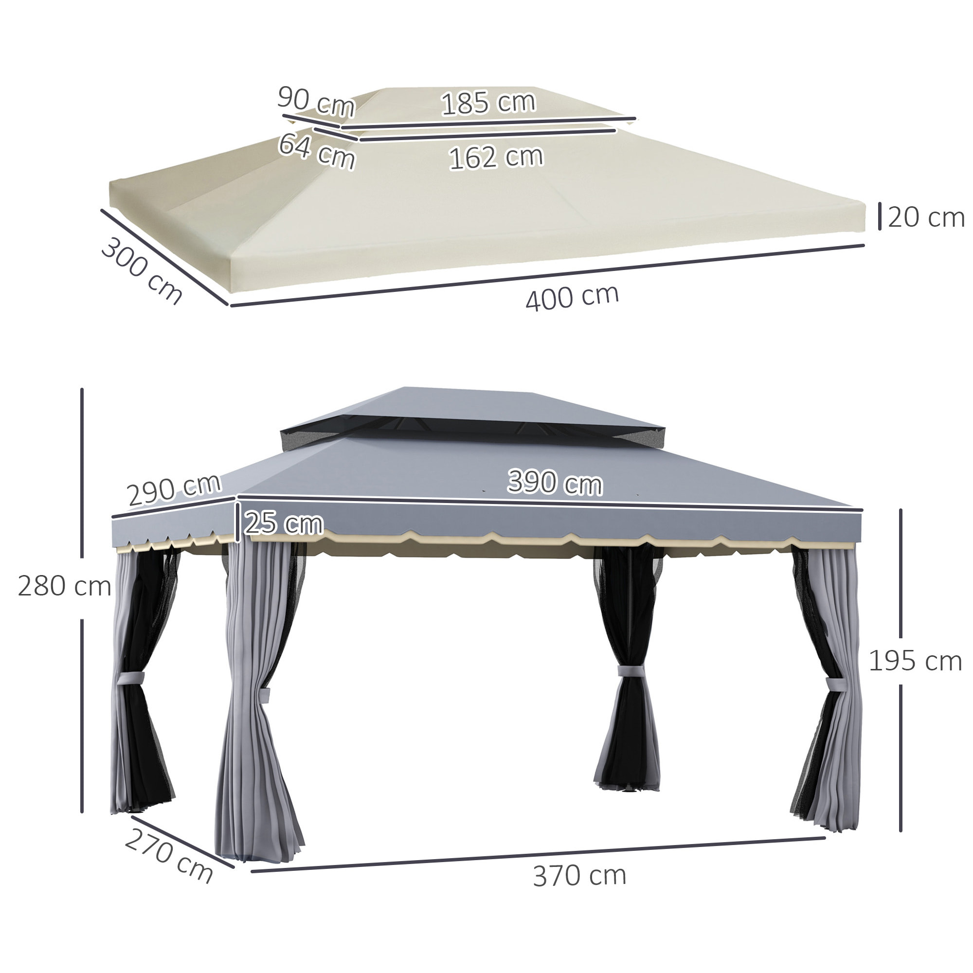 Conjunto de Cenador Incluye 1 Cenador de Jardín 4x3 m con 4 Cortinas Laterales 4 Mosquiteras y 1 Techo de Repuesto 4x3 m para Fiestas Eventos Exterior Gris y Crema