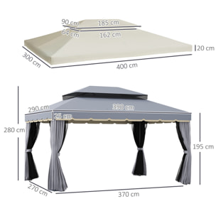 Conjunto de Cenador Incluye 1 Cenador de Jardín 4x3 m con 4 Cortinas Laterales 4 Mosquiteras y 1 Techo de Repuesto 4x3 m para Fiestas Eventos Exterior Gris y Crema