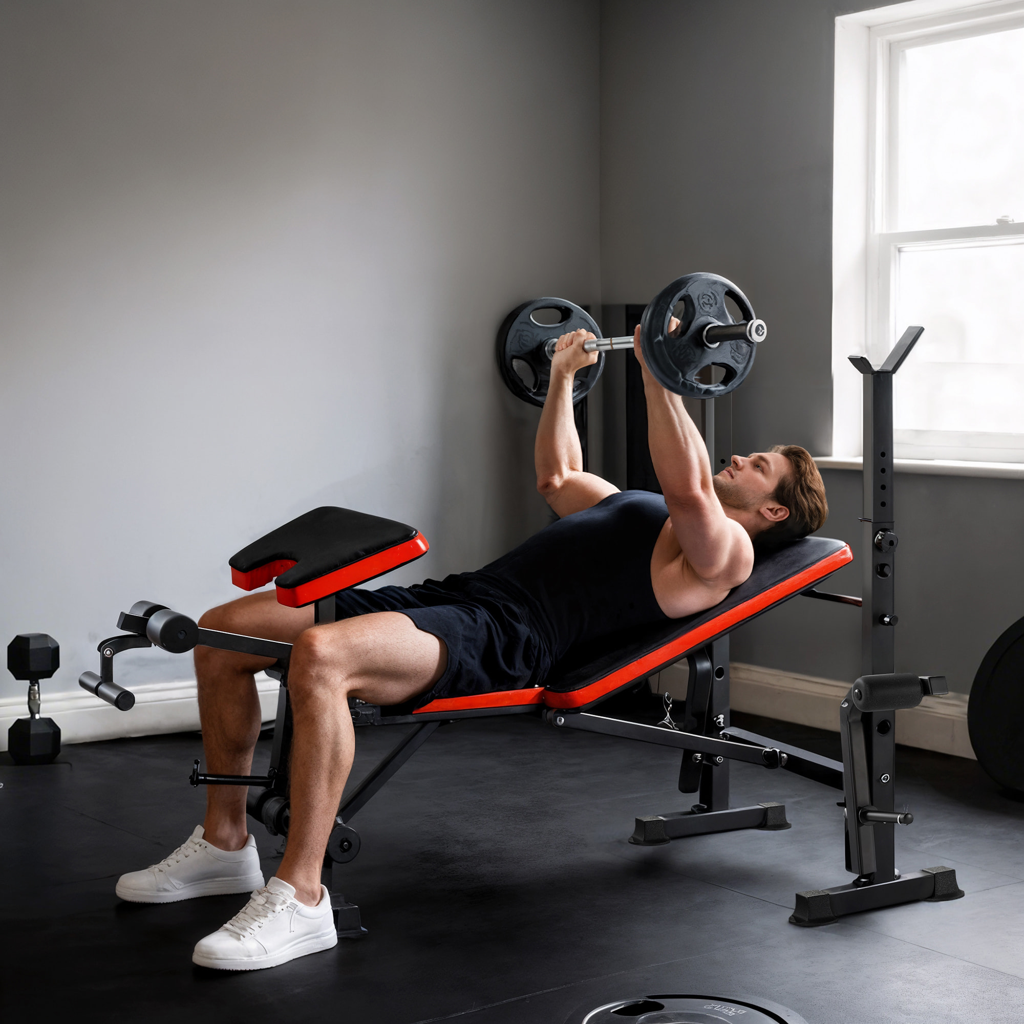 Banco de Pesas Multifuncional Banco de Musculación con Respaldo Ajustable Soporte de Barras Extensión de Piernas Almohadilla de Predicador Mariposa Entrenamiento en Gimnasio Oficina Negro