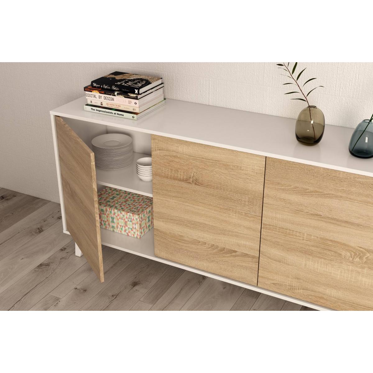 Credenza Arvada, Madia moderna a 3 ante e ripiani, Buffet da cucina, Buffet di design da soggiorno, cm 154x40h75, Bianco lucido e Bianco