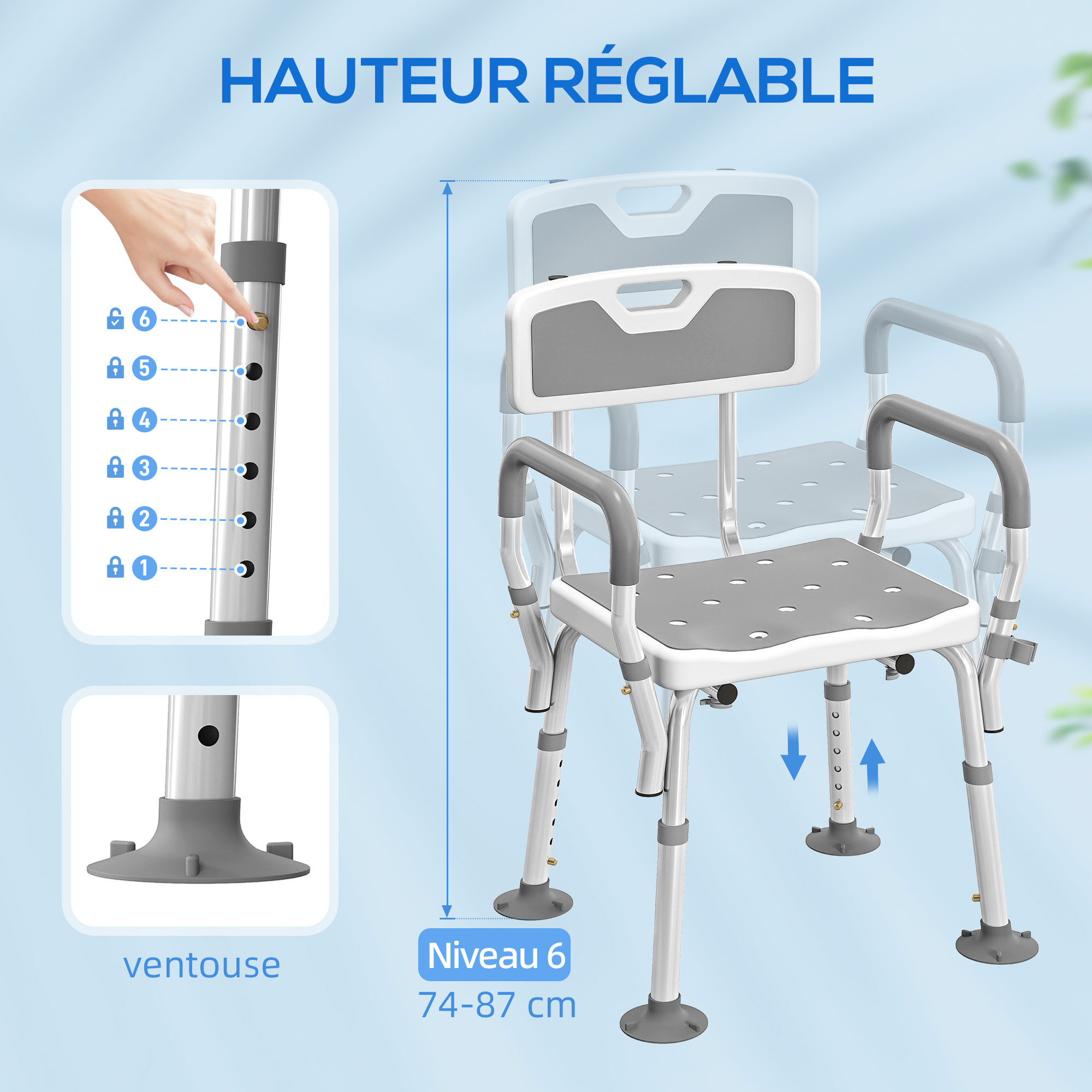 Chaise de douche siège de douche ergonomique hauteur réglable pieds antidérapants charge max. 136 Kg alu HDPE blanc gris