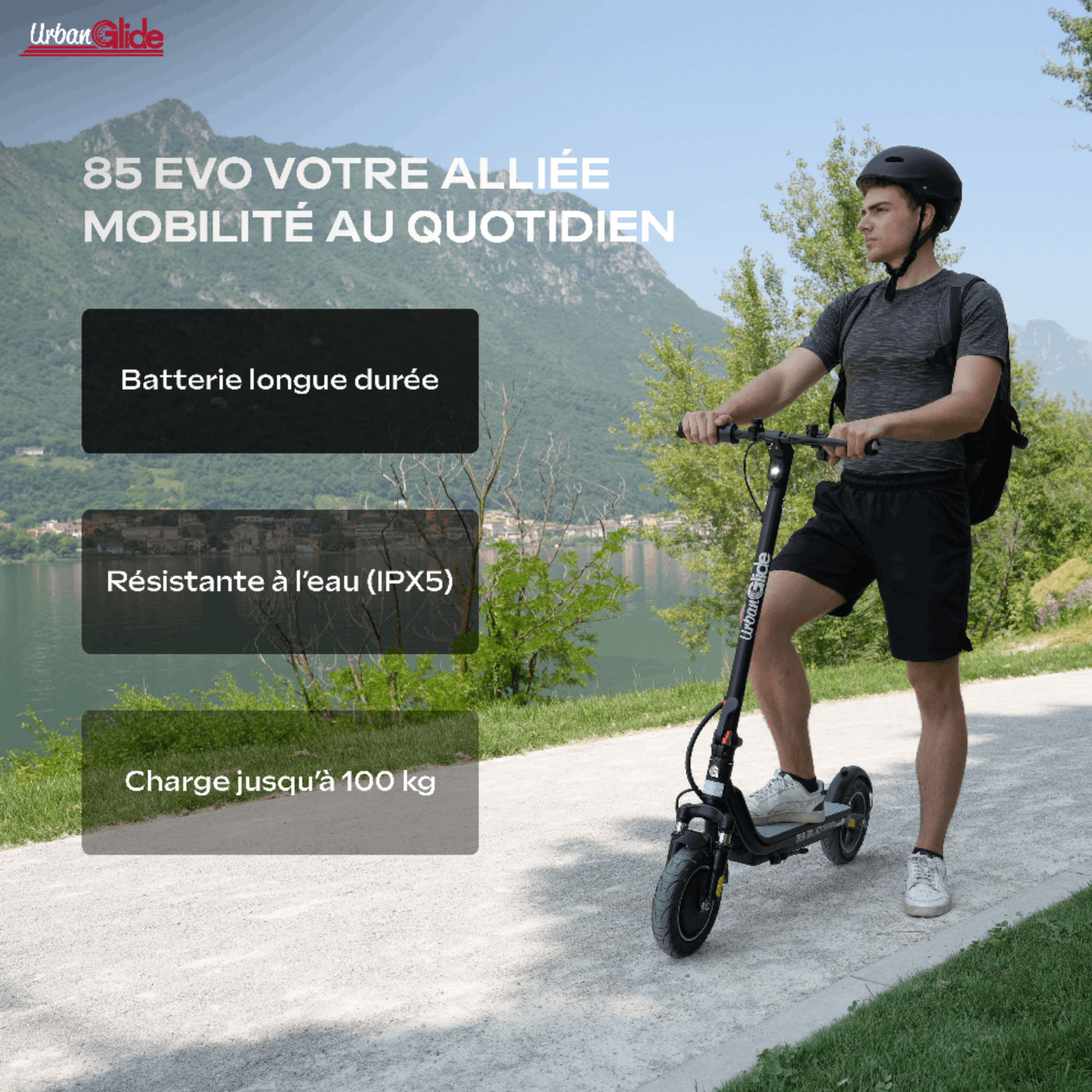 85 EVO – Poids 15Kg – Pneu 8,5" Gonflable – Trottinette Électrique UrbanGlide – Autonomie Jusqu'a 15 km – Batterie 25.2V