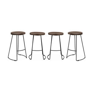 Lot de 4 tabourets de bars bois de manguier teinté noyer et acier. avec repose pieds. 65cm