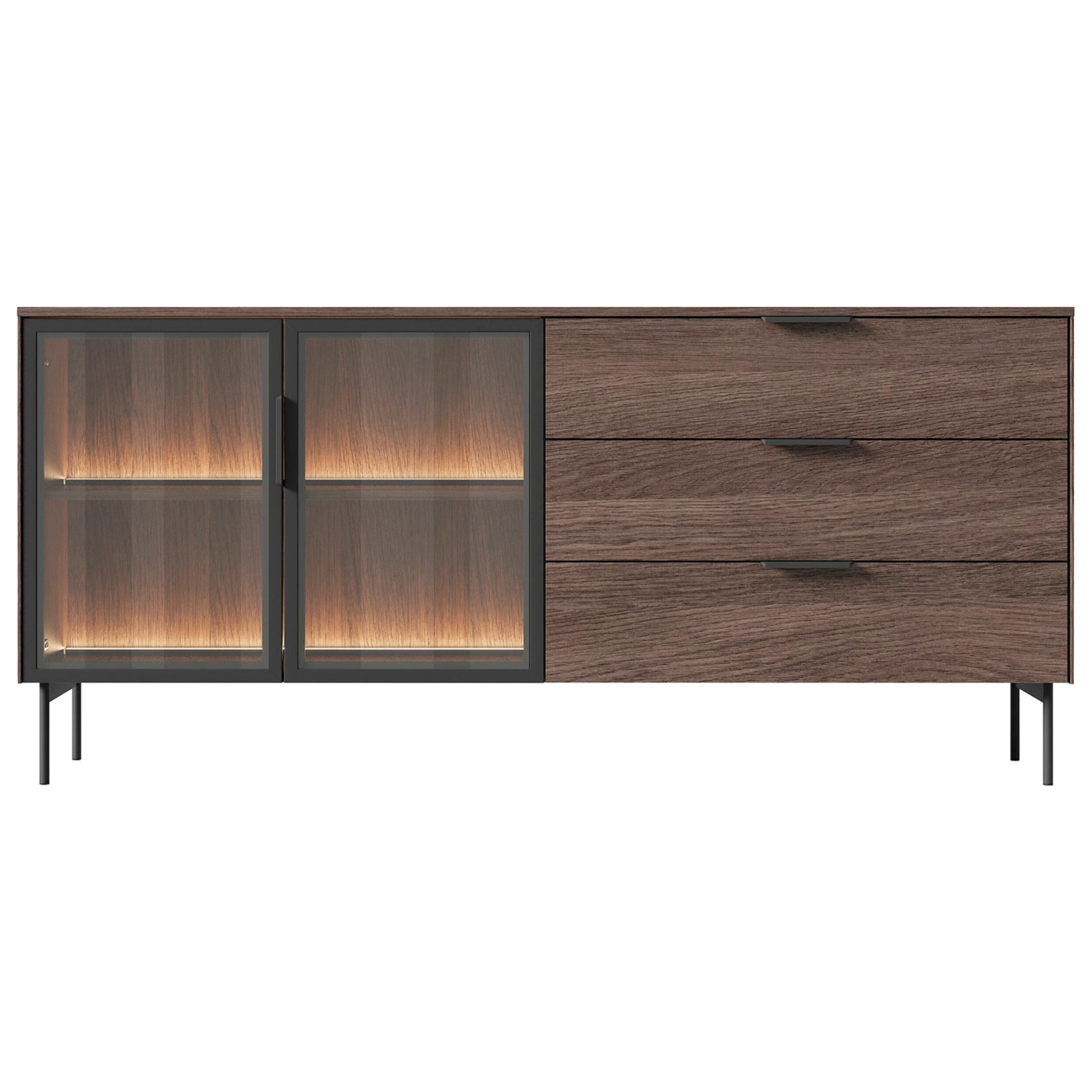 Credenza Madia Moderna 4 Ante In Vetro Illuminazione Led Interna In Melaminico Per Soggiorno Sala Da Pranzo 181.3 x 39.3 x 82.6 Cm Rovere Scuro