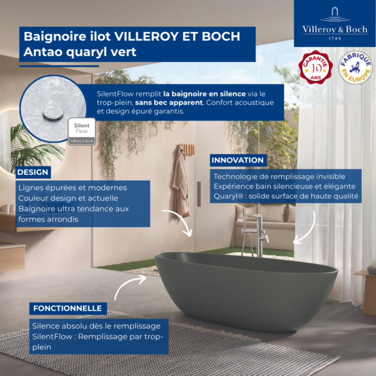 Baignoire ilot Antao quaryl vert