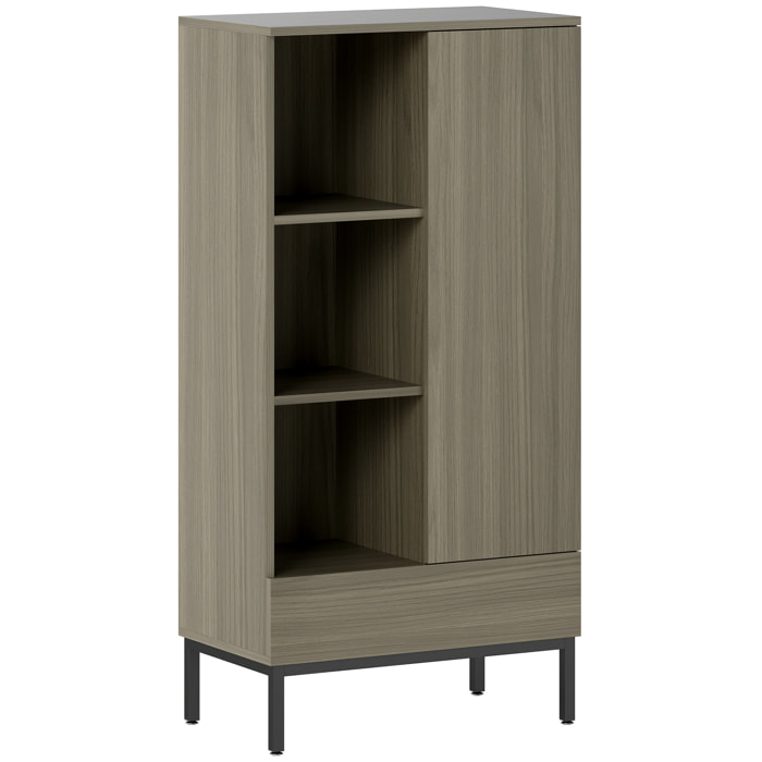 Buffet haut - porte, étagère, tiroir, 3 niches - 60 x 34 x 121 cm - piètement acier noir effet bois gris