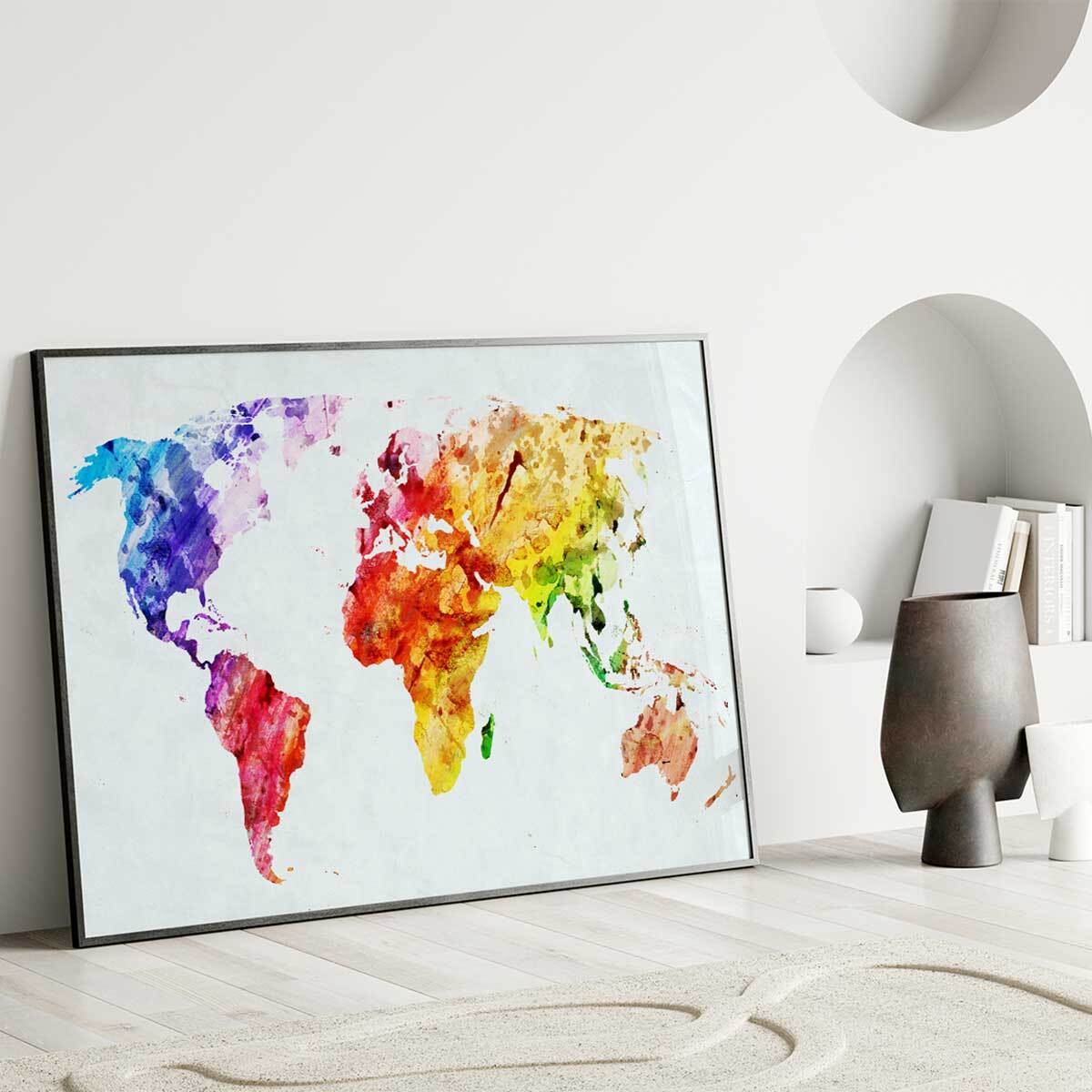 Affiche encadrée carte du monde aquarelle Affiche + cadre en métal - Noir