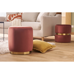 Pouf rond en velours rouge tomette et métal doré D40 cm AMAYA