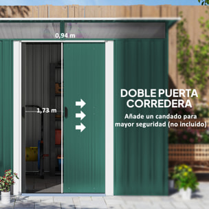 Cobertizo de Jardín Exterior 4,5 m² 260x194x200 cm Caseta de Jardín Exterior Metálica con Paneles Frontales Transparentes y 2 Puertas Corredizas para Almacenamiento de Herramientas Verde