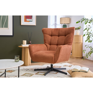 Fauteuil scandinave pivotant en tissu effet velours texturé terre brûlée et métal AVERY
