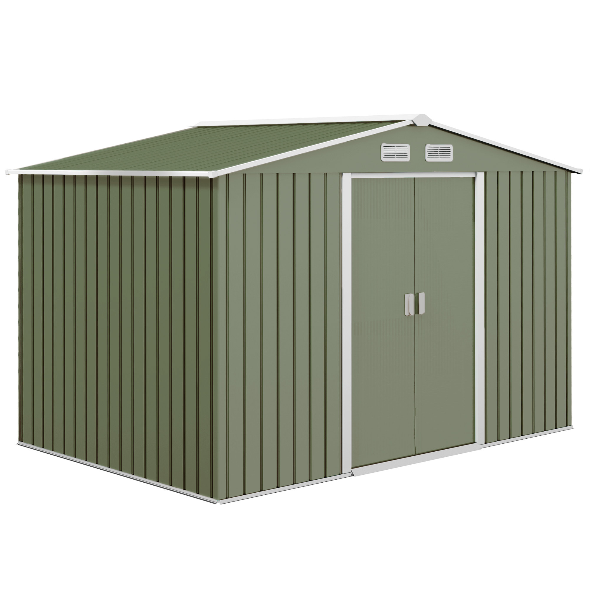 Abri de jardin - remise pour outils - cabanon double porte coulissante - fondation incluse - dim. 277L x 191l x 192H cm - tôle d'acier ondulée vert clair