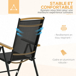 Ensemble table de jardin 6 personnes - chaises pliables inclinables accoudoirs - alu textilène noir plastique effet bois