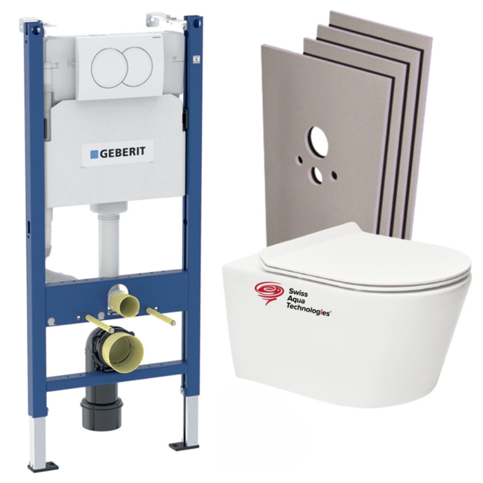 Pack WC sans bride Brevis + Abattant softclose slim + Bâti support Geberit UP100 + Plaque blanche + Set Habillage