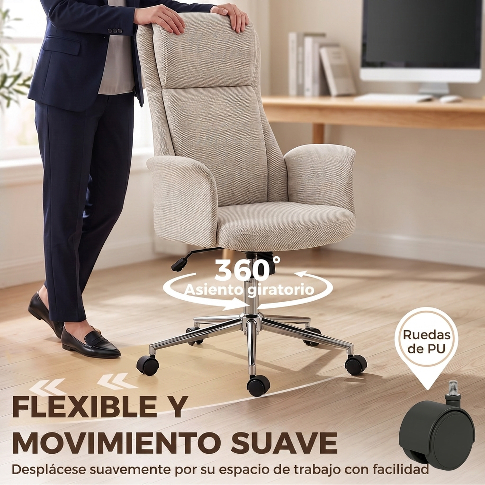 HOMCOM Silla de Escritorio Giratoria Tapizada en Chenilla, Silla de Oficina con Respaldo Alto, Función de Balanceo, Altura Ajustable, Reposabrazos Acolchados y Ruedas de PU, Beige