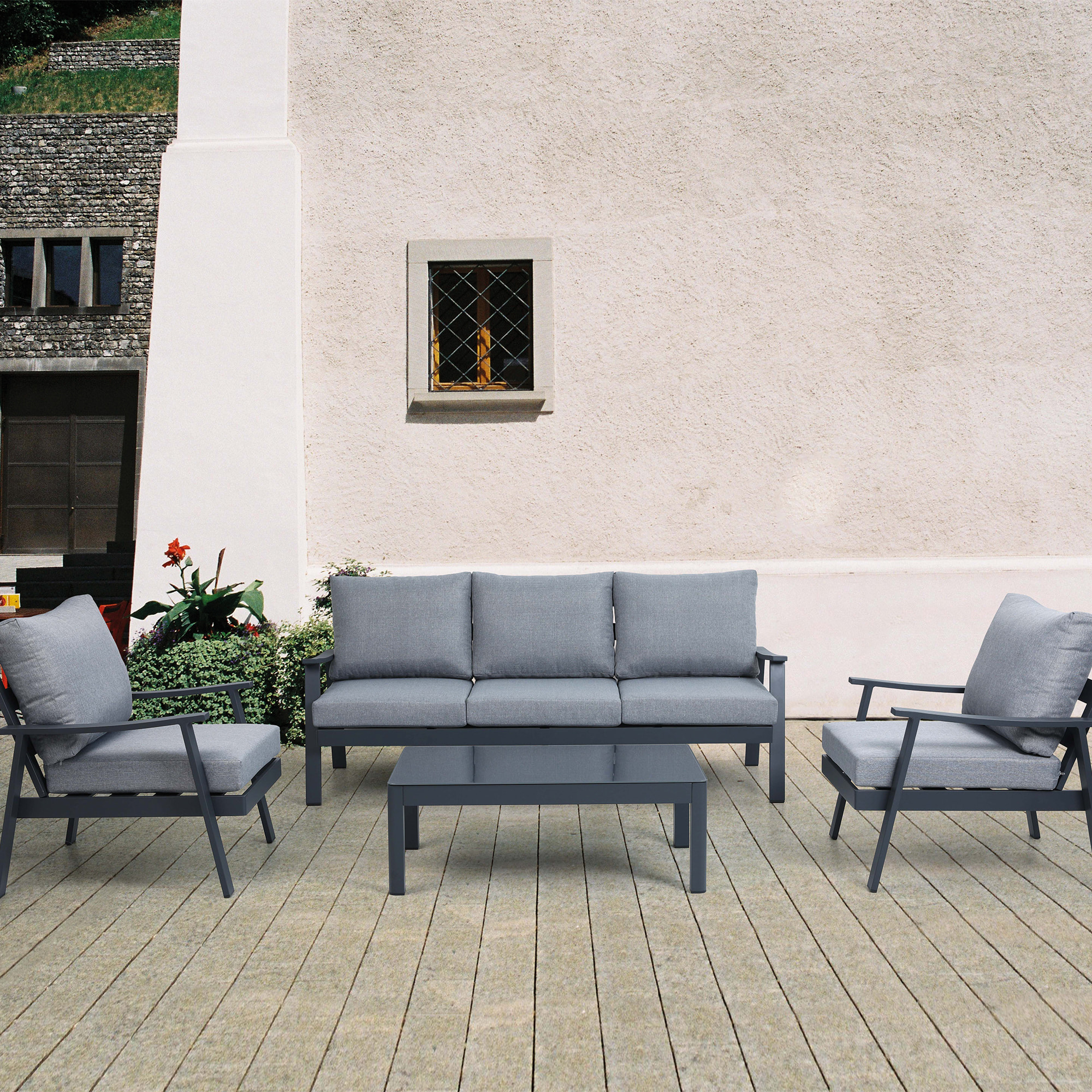 Set de jardín – Aluminio gris antracita y cojines grises