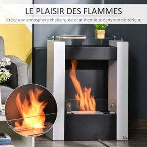 Cheminée bioéthanol design contemporain - étagère, pare-feu verre trempé 6 mm - brûleur 1,5 L - contrôle de flamme et manche inclus - acier noir blanc