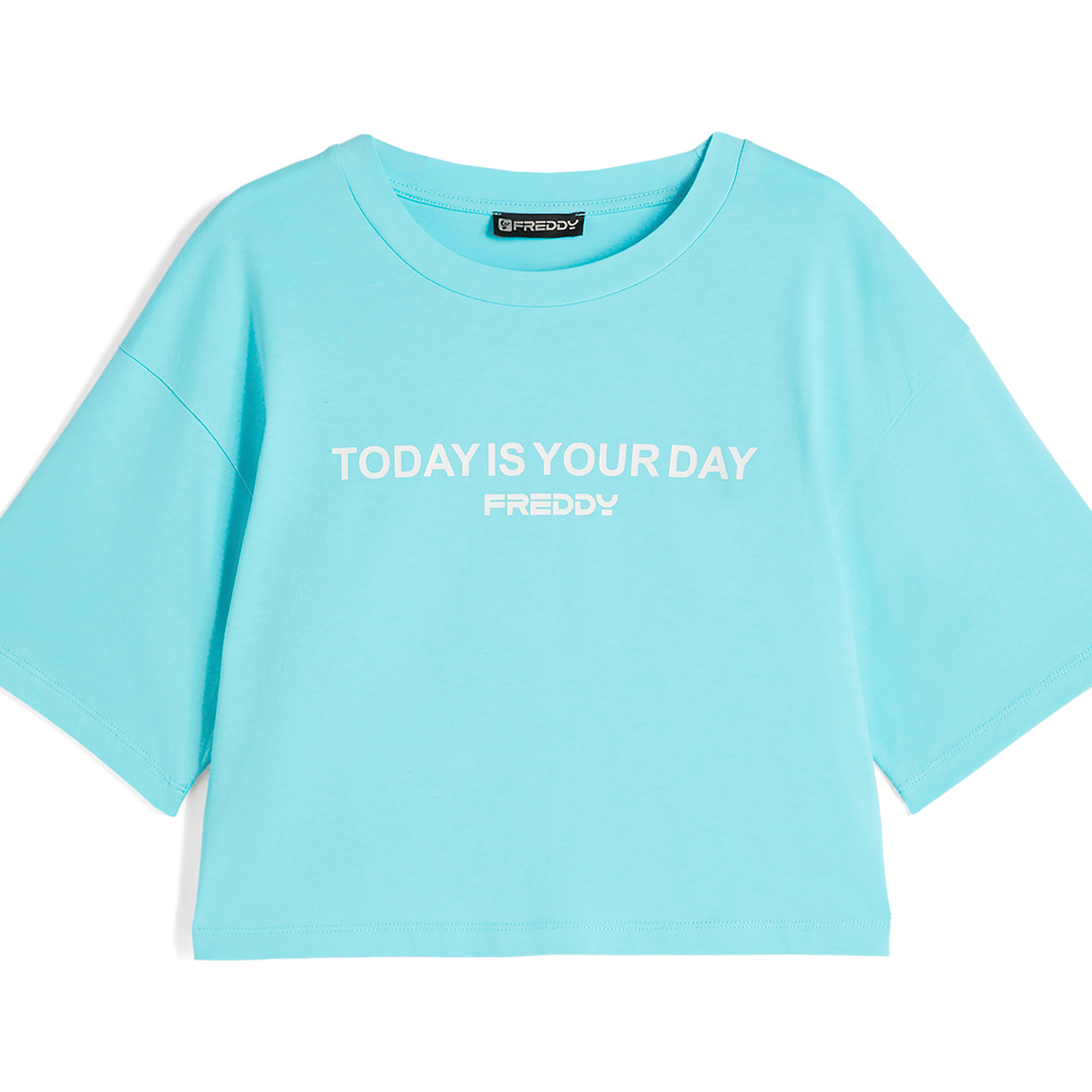 T-shirt donna corta in jersey con slogan a contrasto