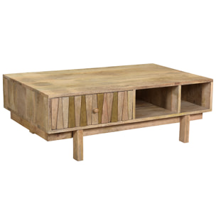 Table basse rectangulaire avec rangements bois manguier massif gravé et détails dorés L100 cm ZAIKA