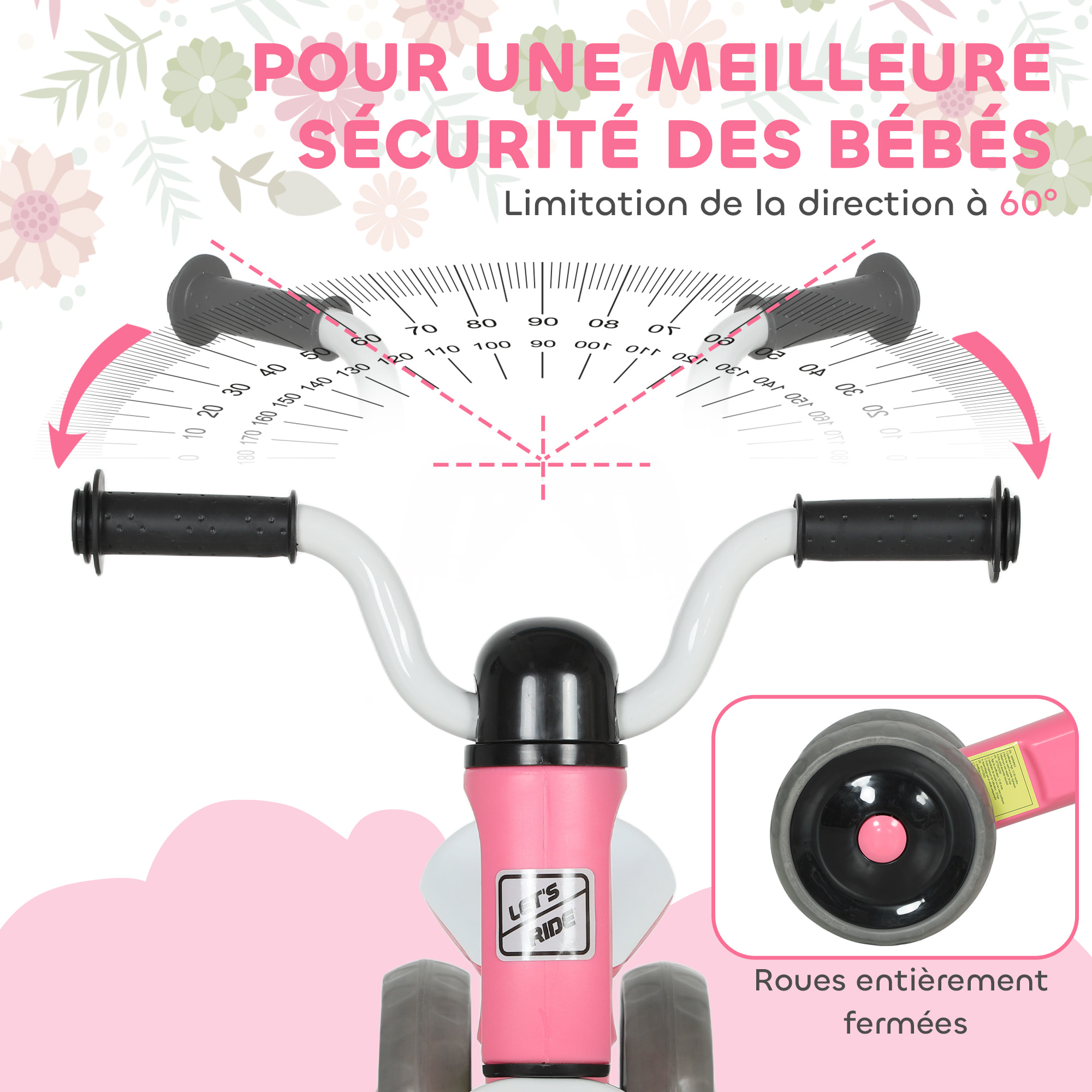 Draisienne 3 roues enfant 12-36 mois pneu EVA silencieux grande selle métal rose blanc