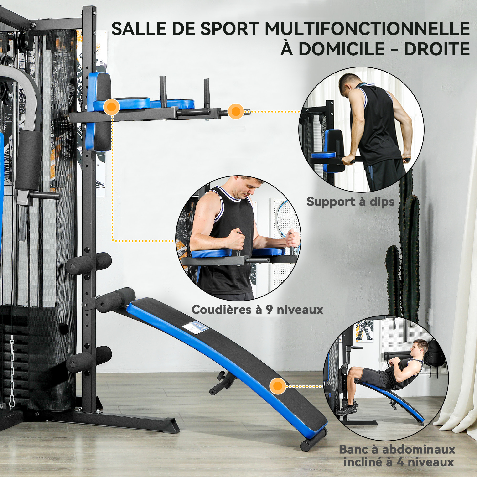 Station de musculation multi-équipement - collaboration Aosom.fr x FFHandball - 10 contrepoids - bleu