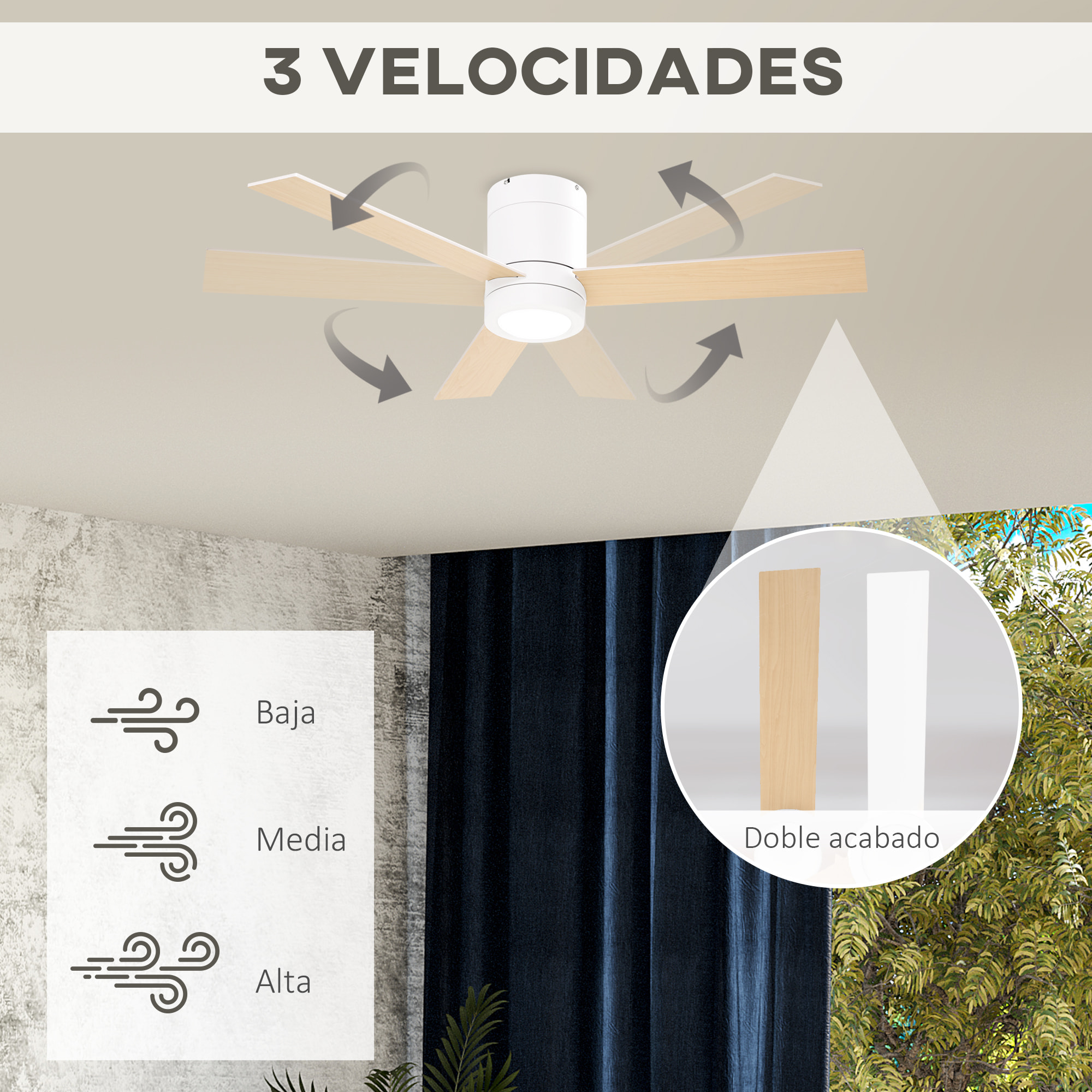 Ventilador de Techo Motor AC 48W con Luz LED Mando a Distancia 112 de Diámetro 3 Velocidades Temporizador 3 Aspas de Madera Silencioso para Dormitorio Salón Comedor 112x112x25 cm Blanco