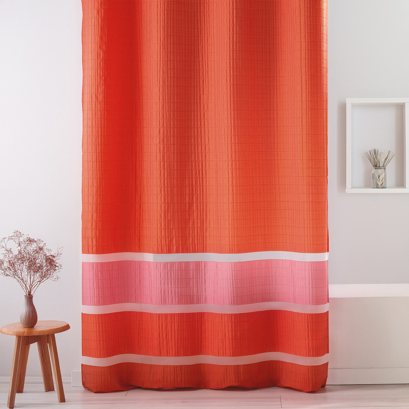 Voilage fantaisie tissée avec rayures horizontales - Orange corail