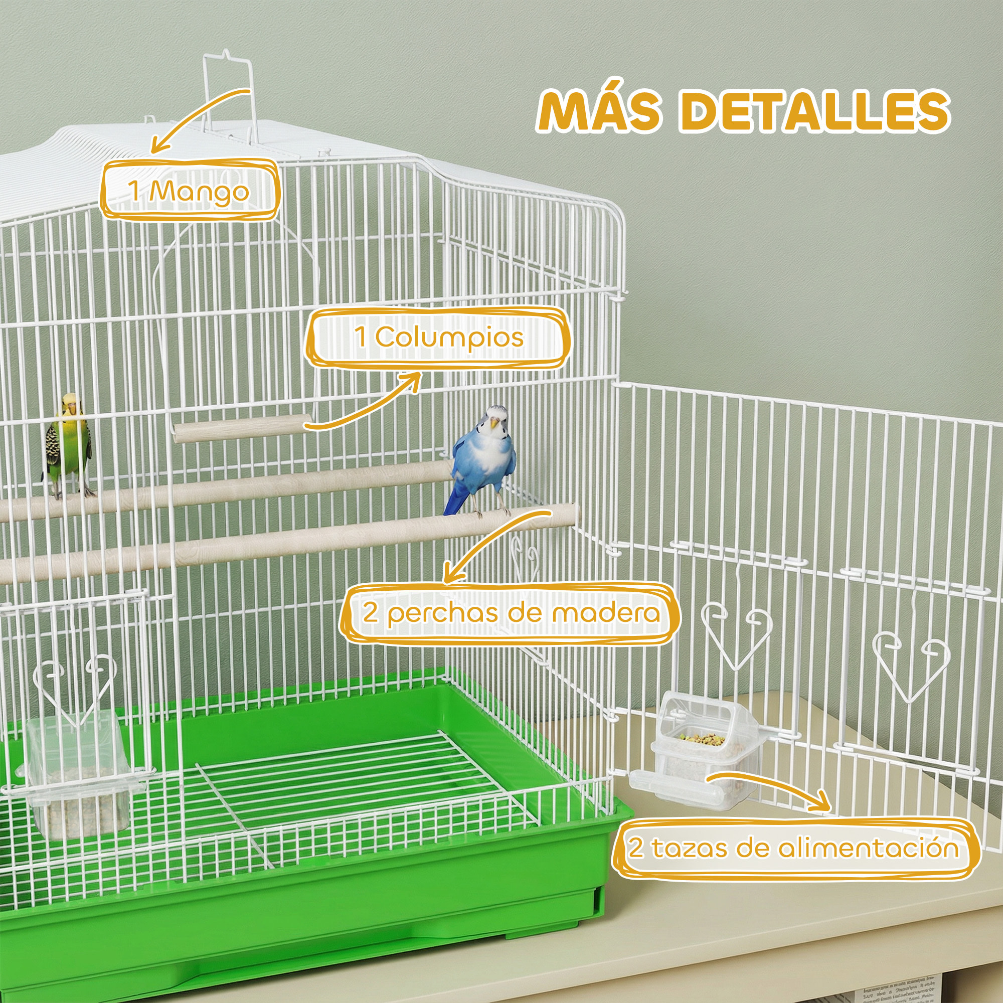 Jaula para Pájaros, Jaula de Acero para Pájaros con Puertas, 2 Comederos, 2 Perchas, Columpio, Bandeja Extraíble y Asa de Transporte, para Loro, Canario, Periquito, 46,5x36x59 cm, Verde