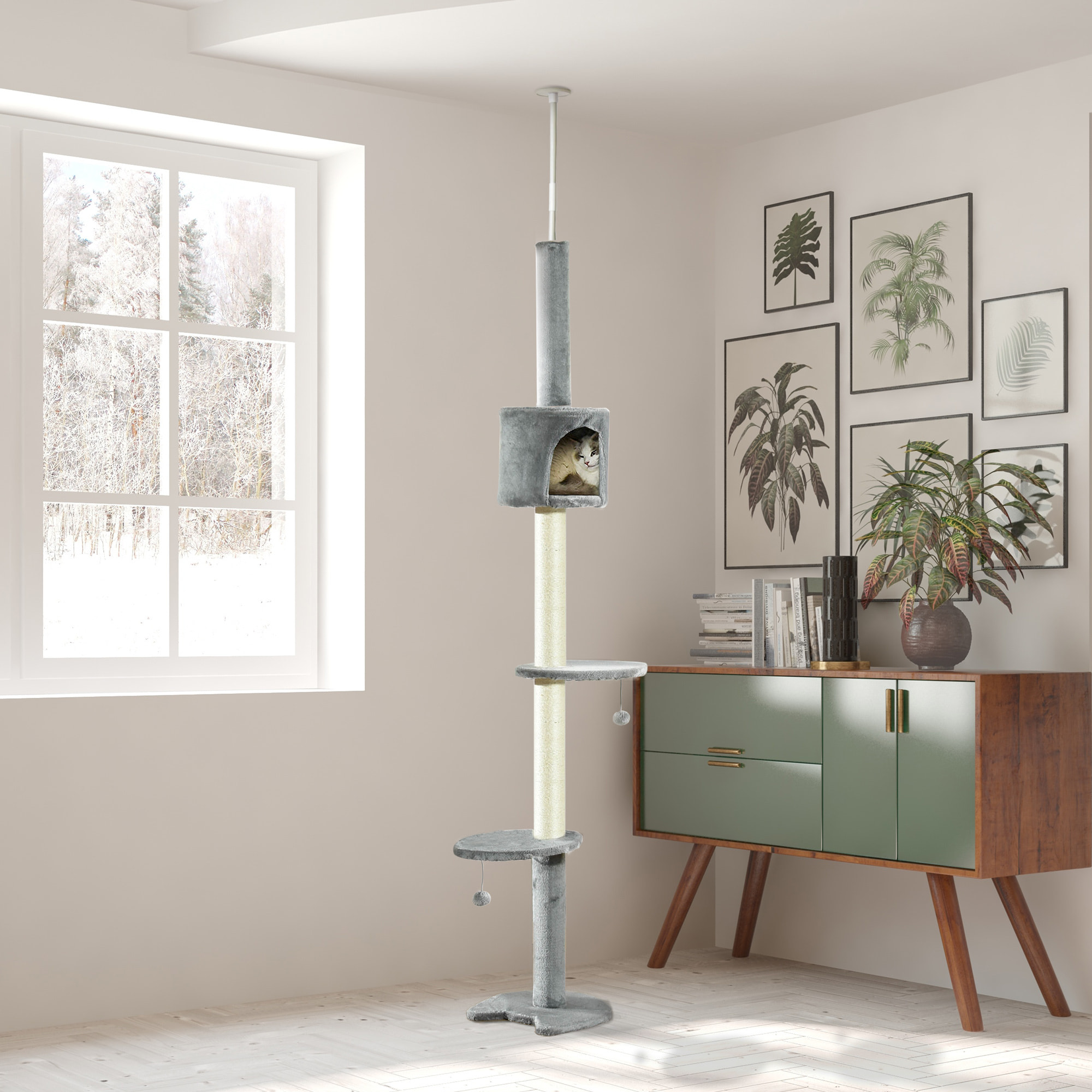 árbol Rascador para Gatos Altura 217 cm Cueva Bola Colgante Gris