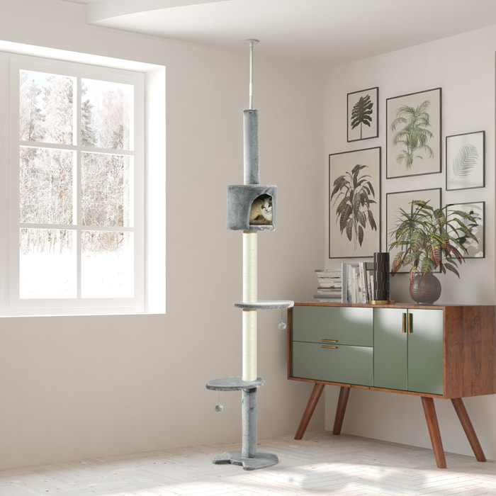 árbol Rascador para Gatos Altura 217 cm Cueva Bola Colgante Gris