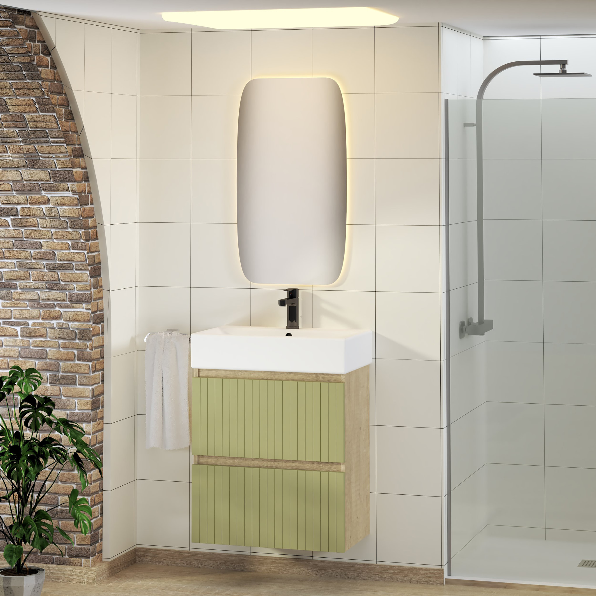 Ensemble de Salle de Bain Zel | Meuble Suspendu | 60 cm Vert | Deux Tiroirs | Lavabo Encastré | Miroir non inclus | Meuble Monté | Alday