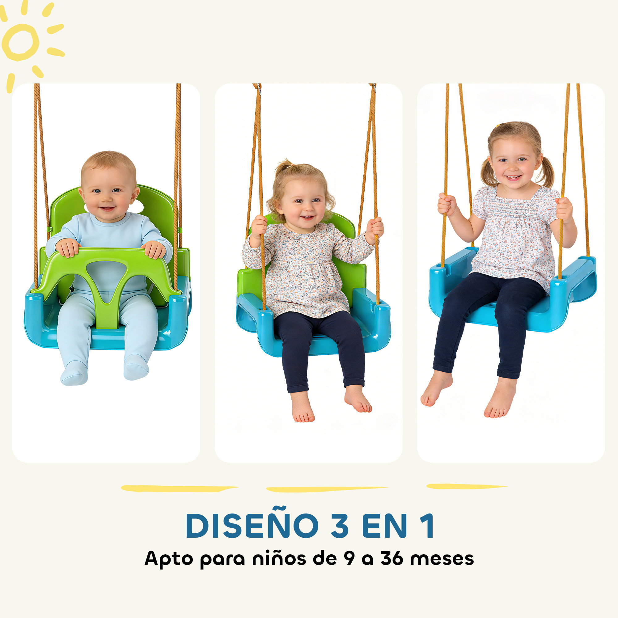 Columpio Infantil 3 en 1, Columpio para Niños, Cuerda Ajustable, con Respaldo Desmontable, Barra en T, Cinturón de Seguridad, para Interior, Exterior, Solo Asiento, Verde Oscuro