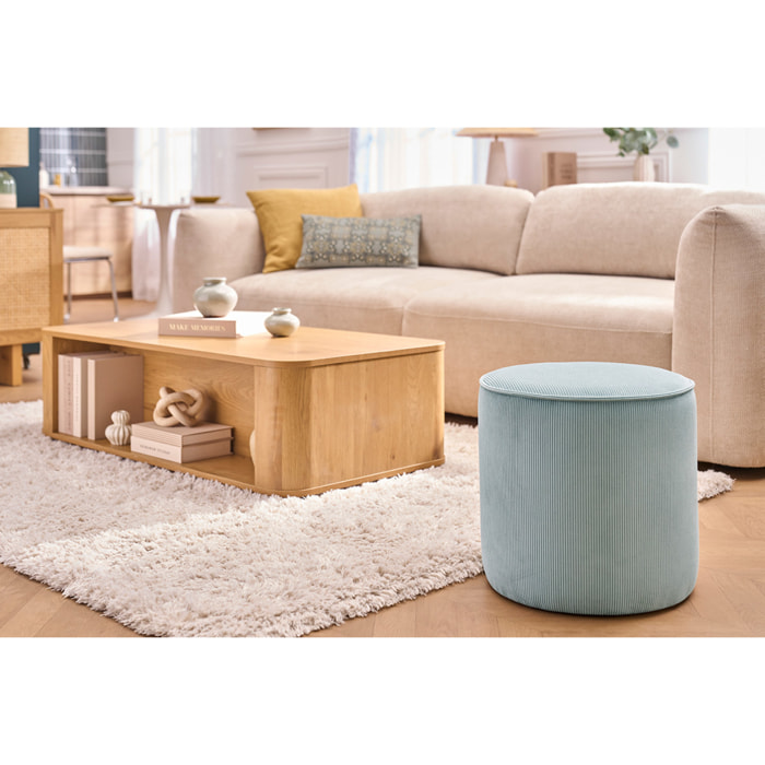 Pouf rond en velours côtelé bleu grisé D40 cm PAUL