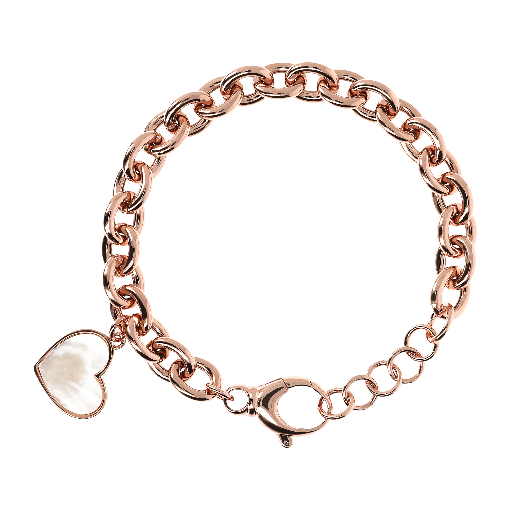 Bracciale Catena Rolo con Ciondolo Cuore in Pietra Naturale di Madreperla Bianca