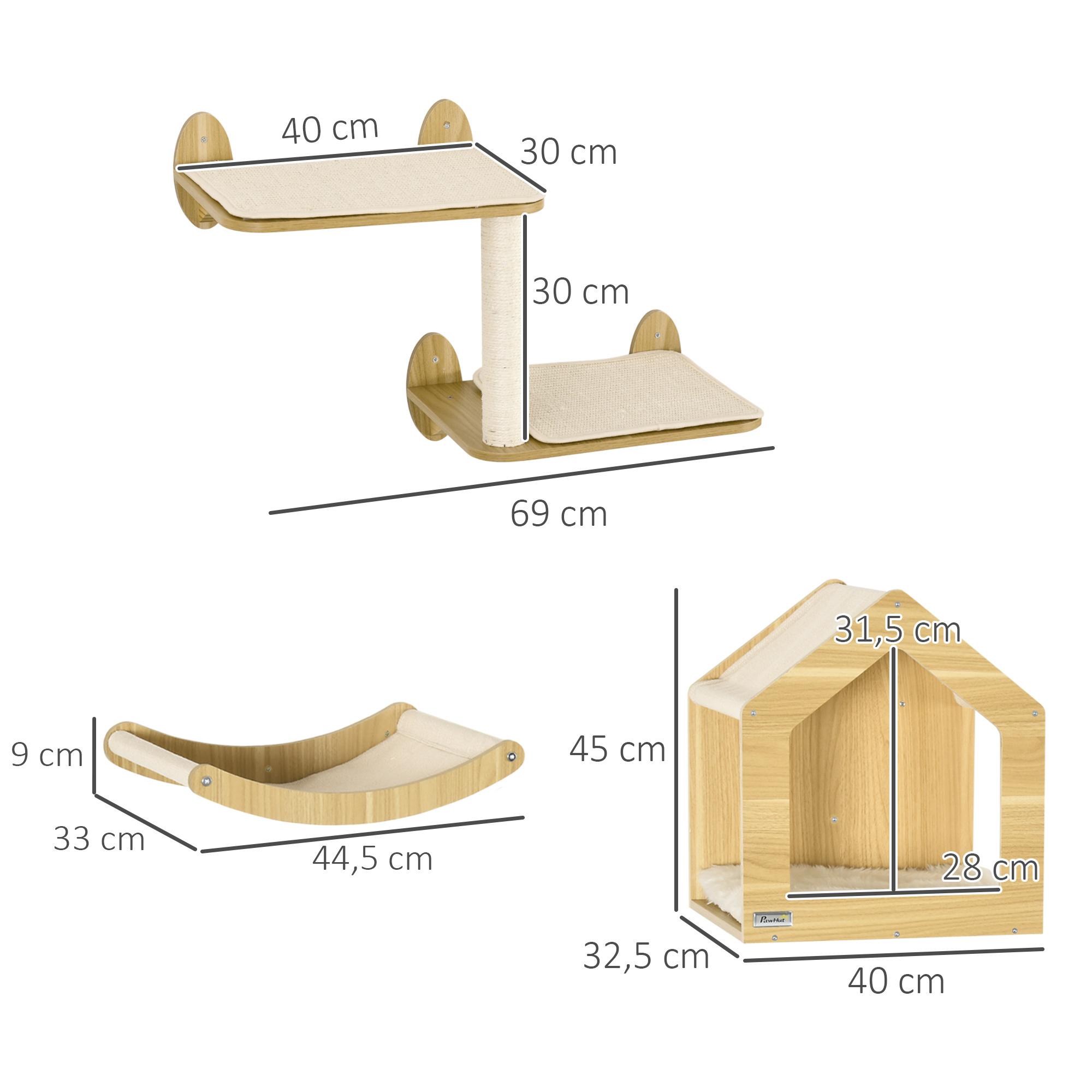 PawHut Estantes para Gatos 3 Piezas Juego de Estantes de Escalada para Gatos Muebles de Pared para Gatos con Caseta Hamaca Plataformas y Poste de Sisal Roble