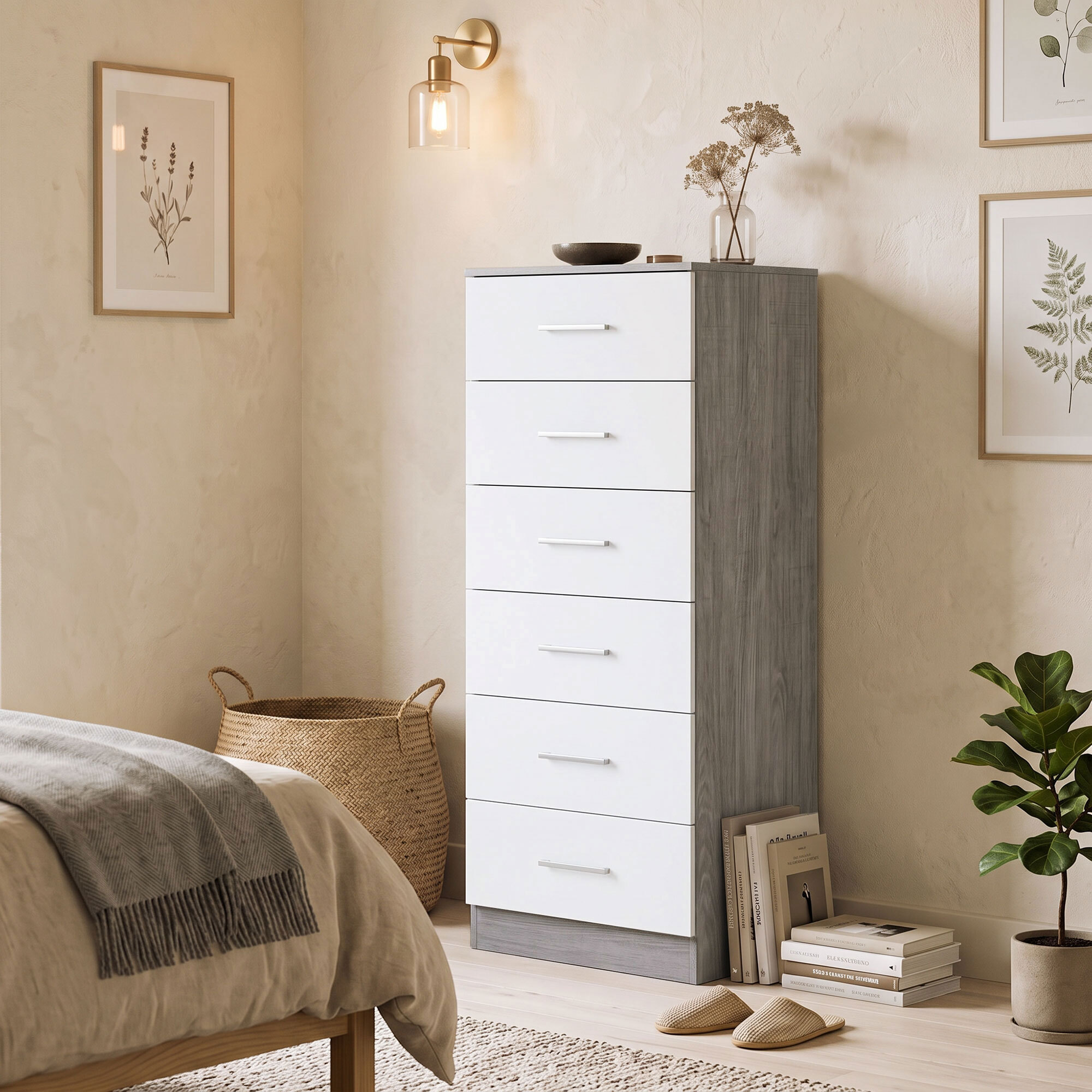 Cómoda de 6 Cajones, Cajonera para Dormitorio Alta y Estrecha, Sinfonier para Salón, Vestidor, Entrada, 40x40x110 cm, Gris Claro y Blanco