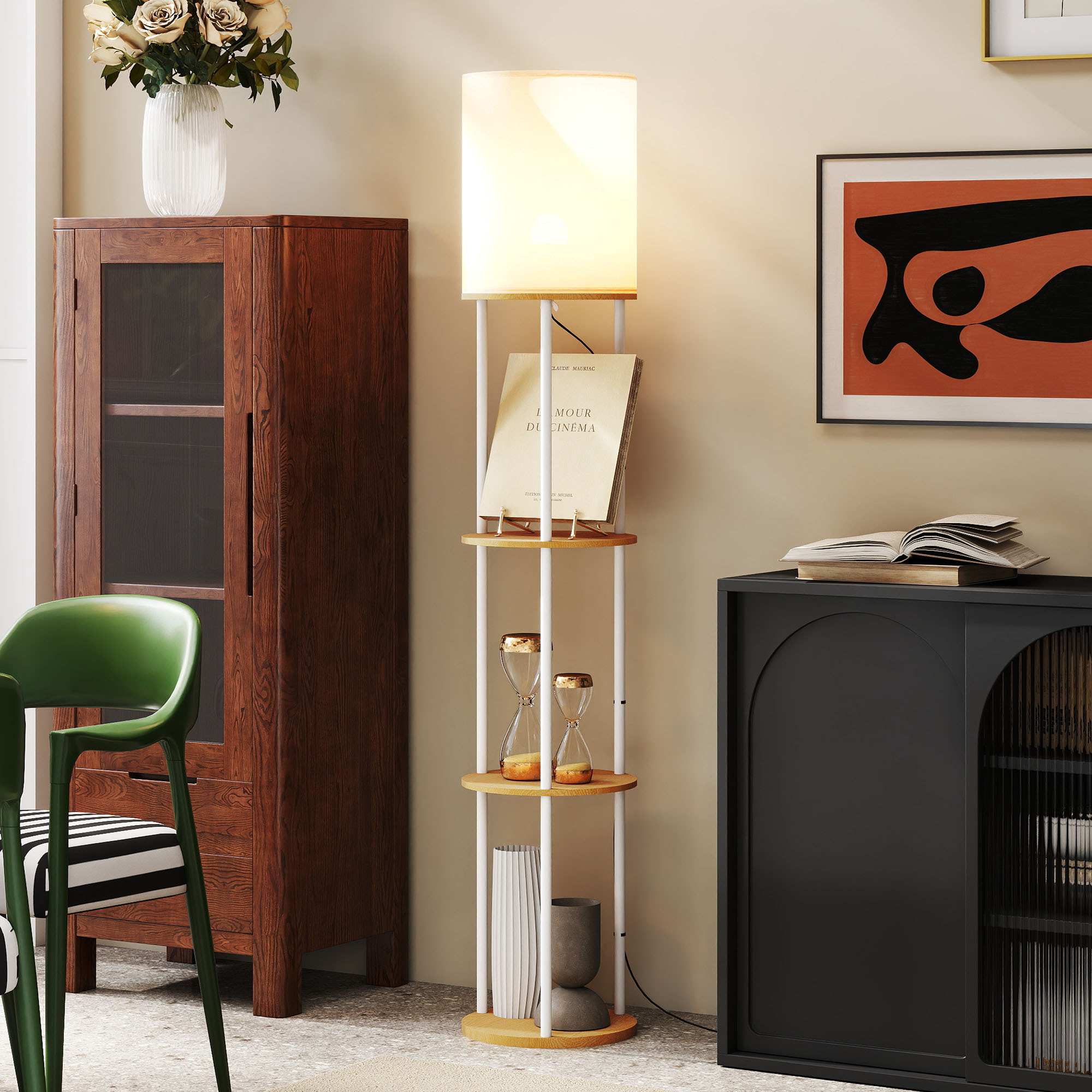 Lámpara de Pie con Estantes, Lámpara con 3 Temperaturas de Color, Control Remoto, Bombilla E27, para Salón, Dormitorio, Oficina, Natural