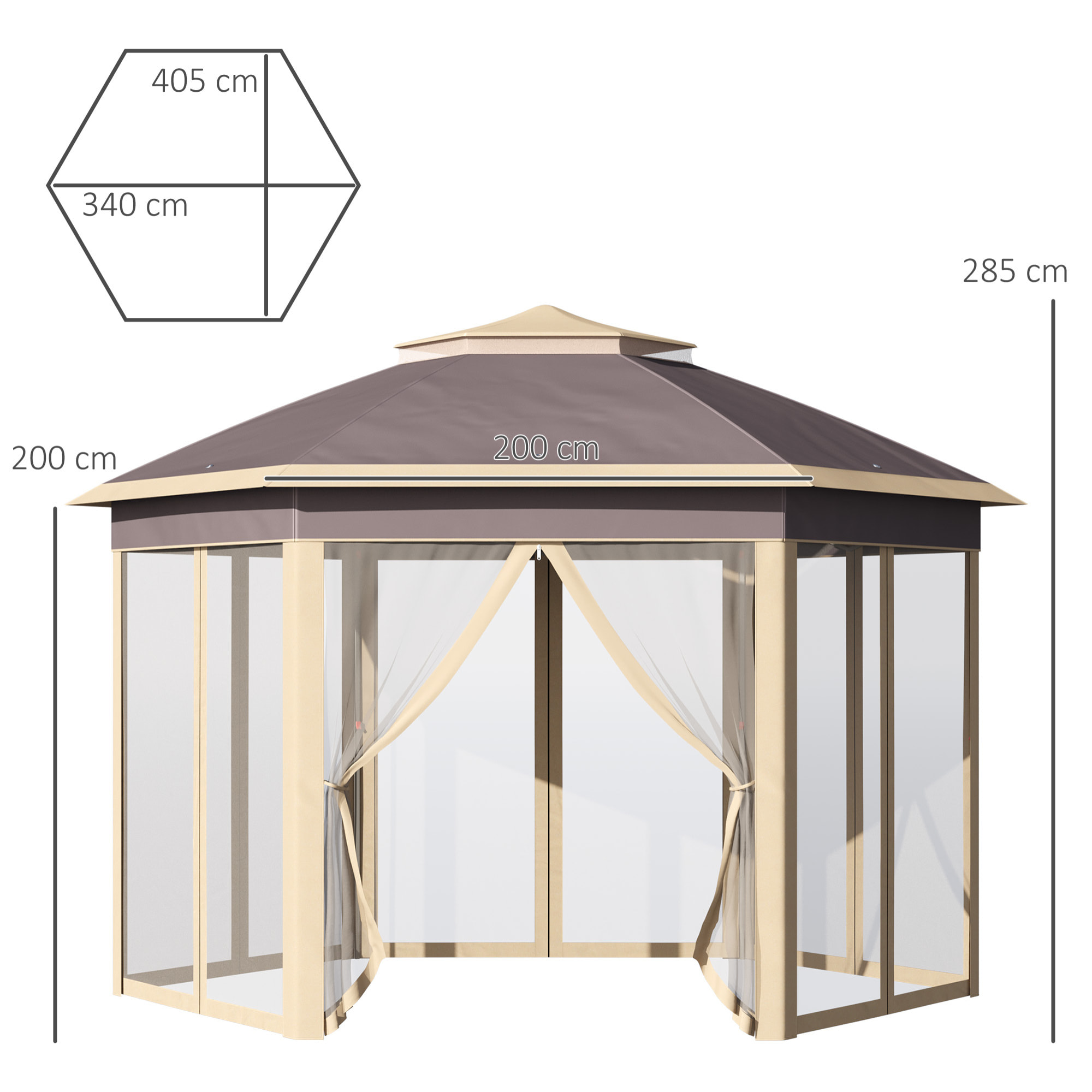 Carpa Plegable 4,05x3,4x2,85 m Cenador de Jardín Hexagonal con Doble Techo 6 Mosquiteras Desmontables Bolsa de Transporte Altura Ajustable en 3 Niveles y Anti-UV para Fiesta Patio Beige